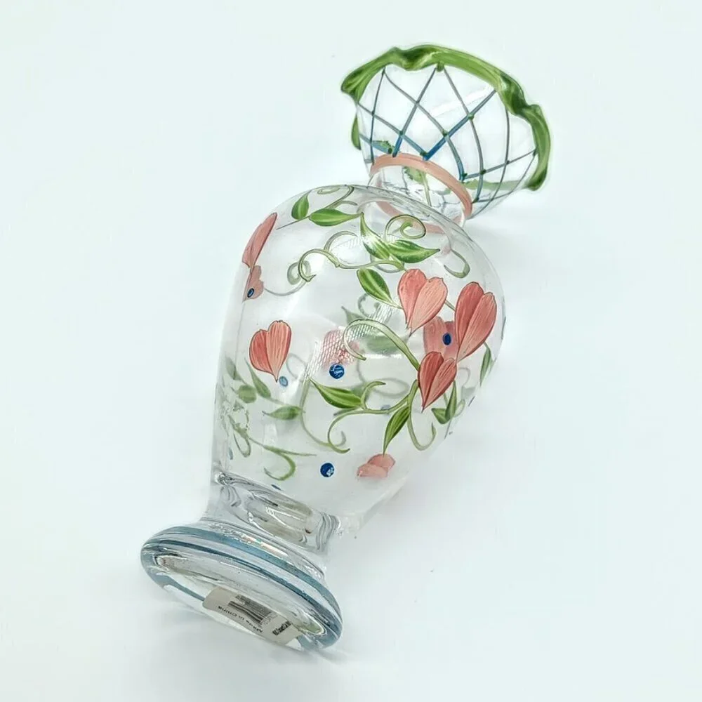 Tracy Porter Hand-Painted Green Pink Hearts Floral Glass Bud Vase